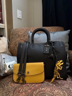 Coach Rogue 31 Black Pebbled Leather Satchel with Honey Suede 38124